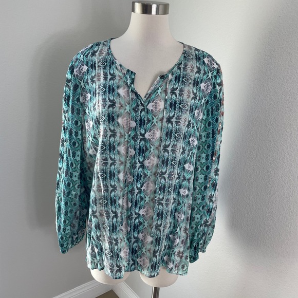 Kobi Halperin Tops - Kobi Halperin Womens XL Teal Ikat‎ Snakeskin Print Blouse Front Neck Tie Shirt